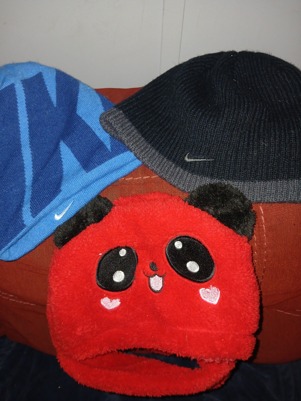 Nike Blue and Black Knit Beanies with Red Plush Panda Hat